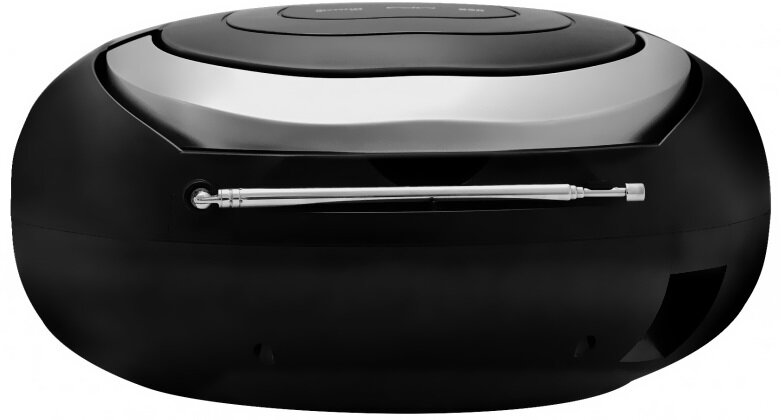 Czarno-srebrne radio, ze srebrną anteną.