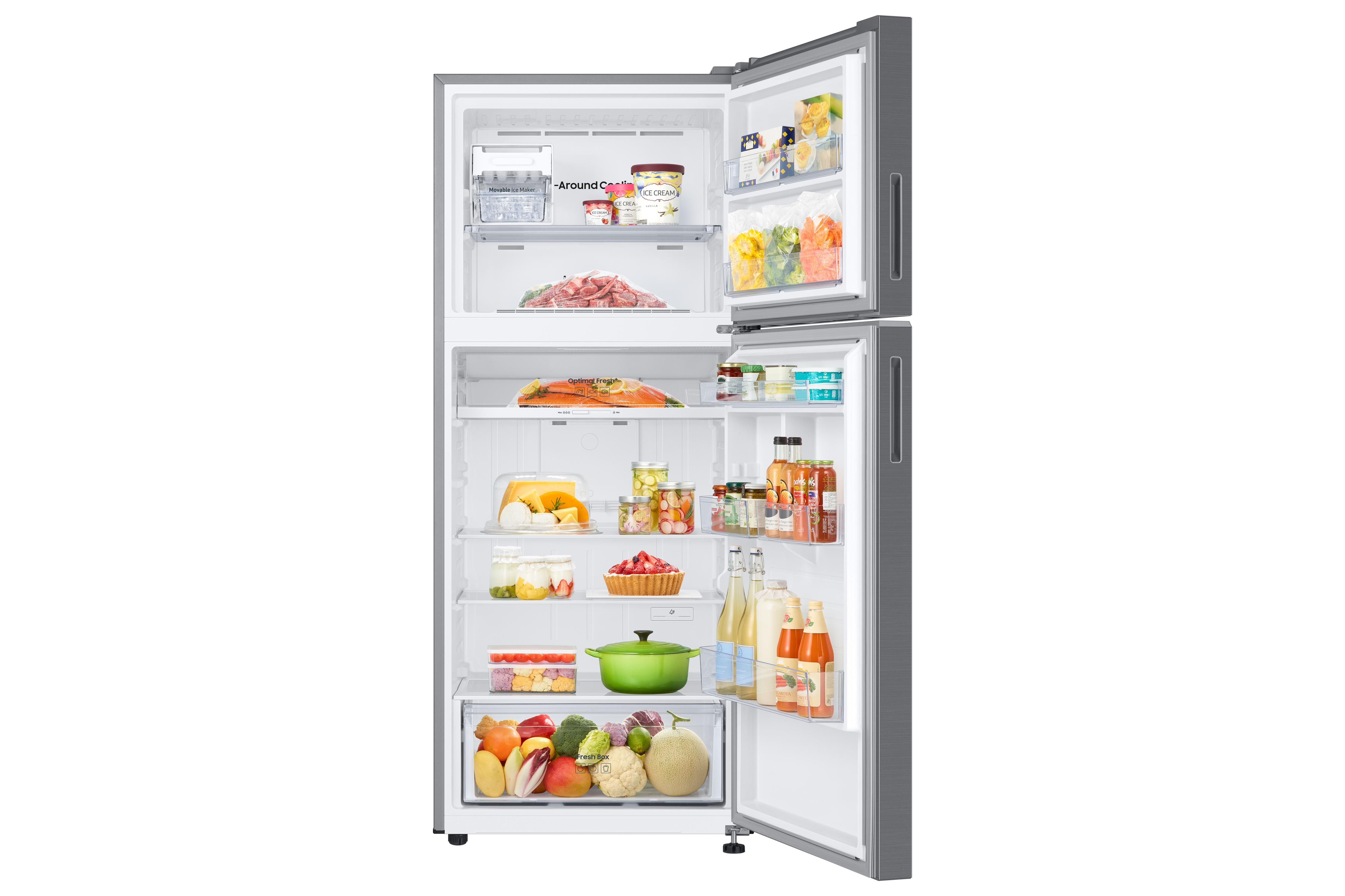 Refrigerador abierto con comida dentro, varias frutas, verduras y artículos envasados.