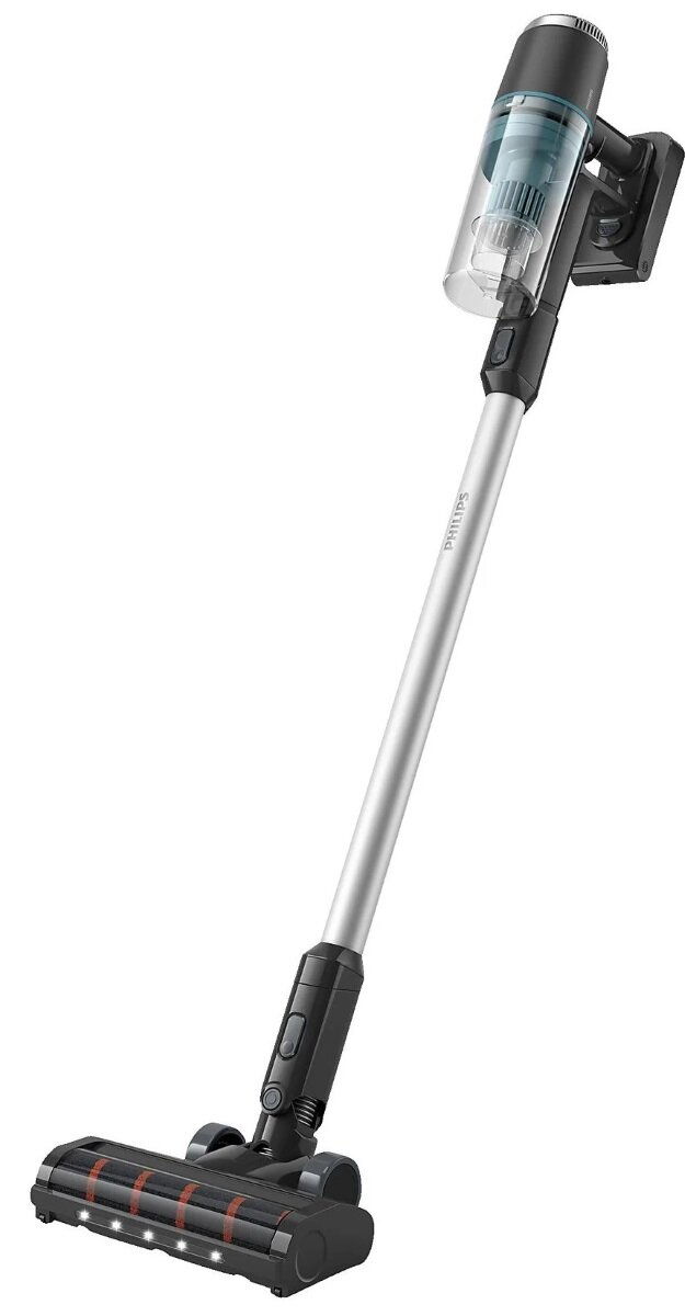 Srebrno-czarny bezprzewodowy odkurzacz Philips, widok z góry. Ma długi uchwyt i głowicę szczotki.