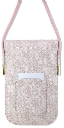 Różowe etui na telefon Guess z paskiem, ze wzorem logo.