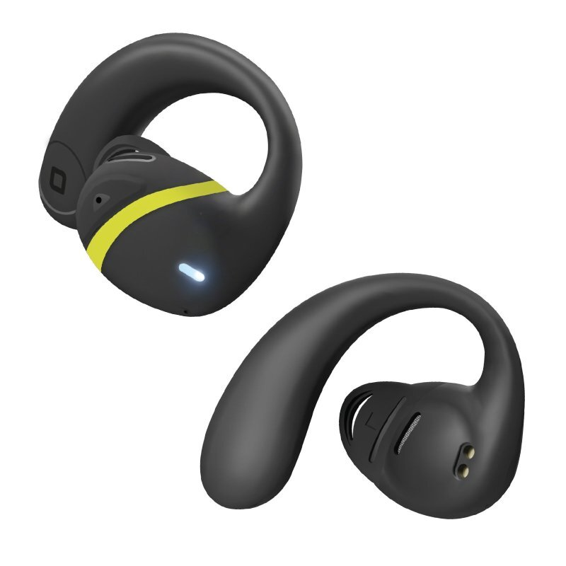 Dwa czarne i szare bezprzewodowe słuchawki z żółtymi akcentami, przeznaczone do sportu.