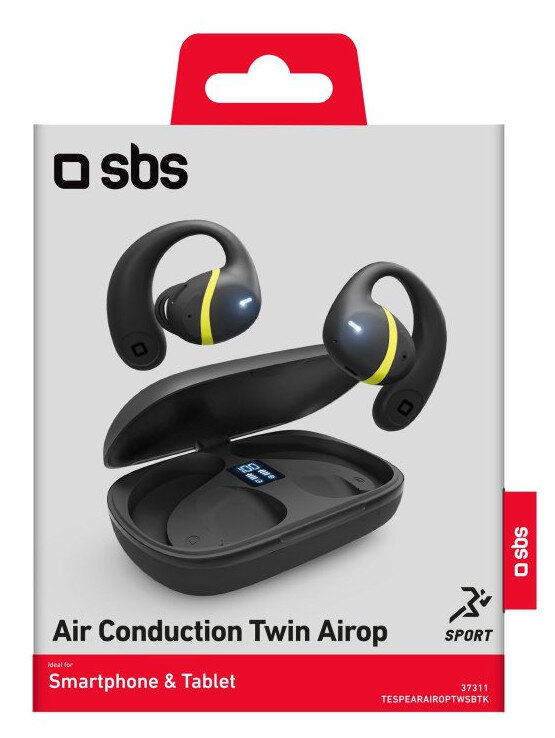 Czarne i żółte słuchawki SBS w etui ładującym. Pudełko przedstawia słuchawki, etui i markę.