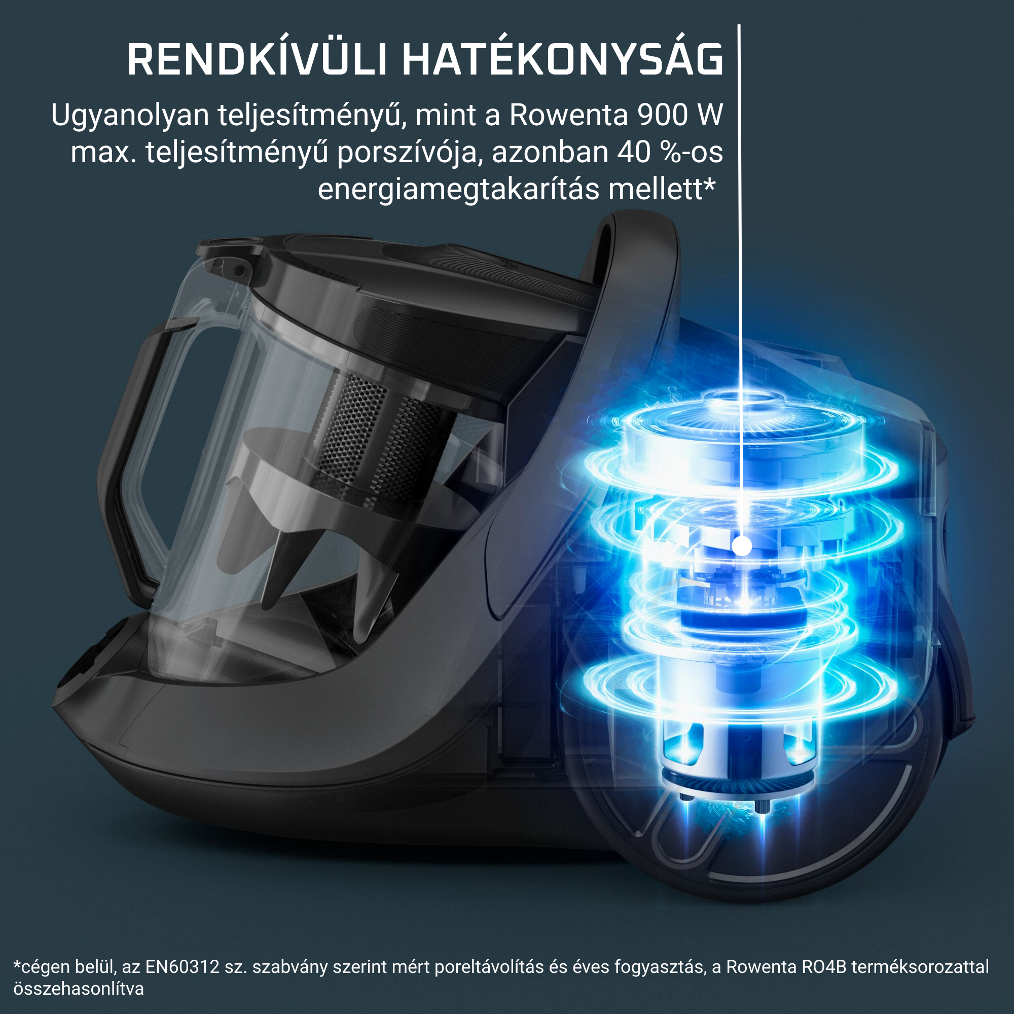 Porszívó kék energiakörökkel, fekete és átlátszó részekkel.