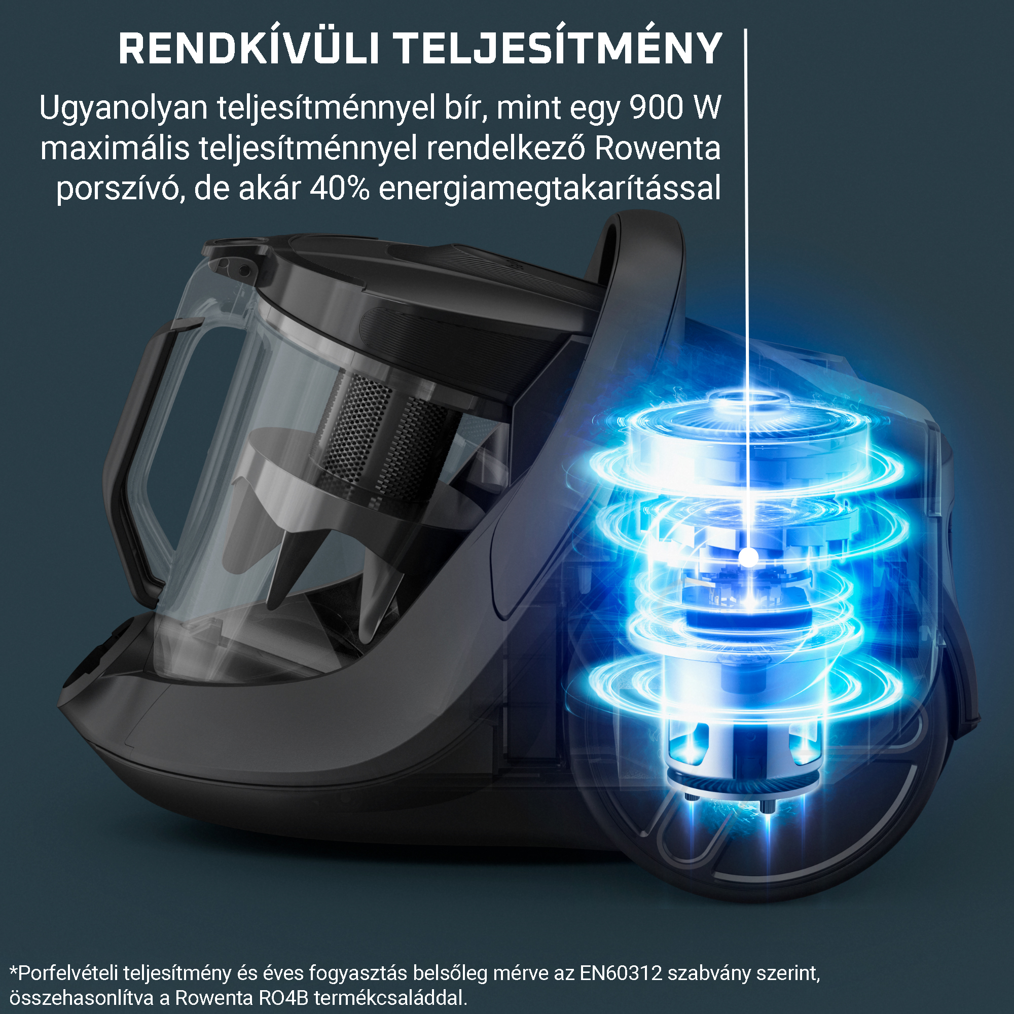 Egy fekete porszívó átlátszó szemeteskosárral és kék fényeffektusokkal.