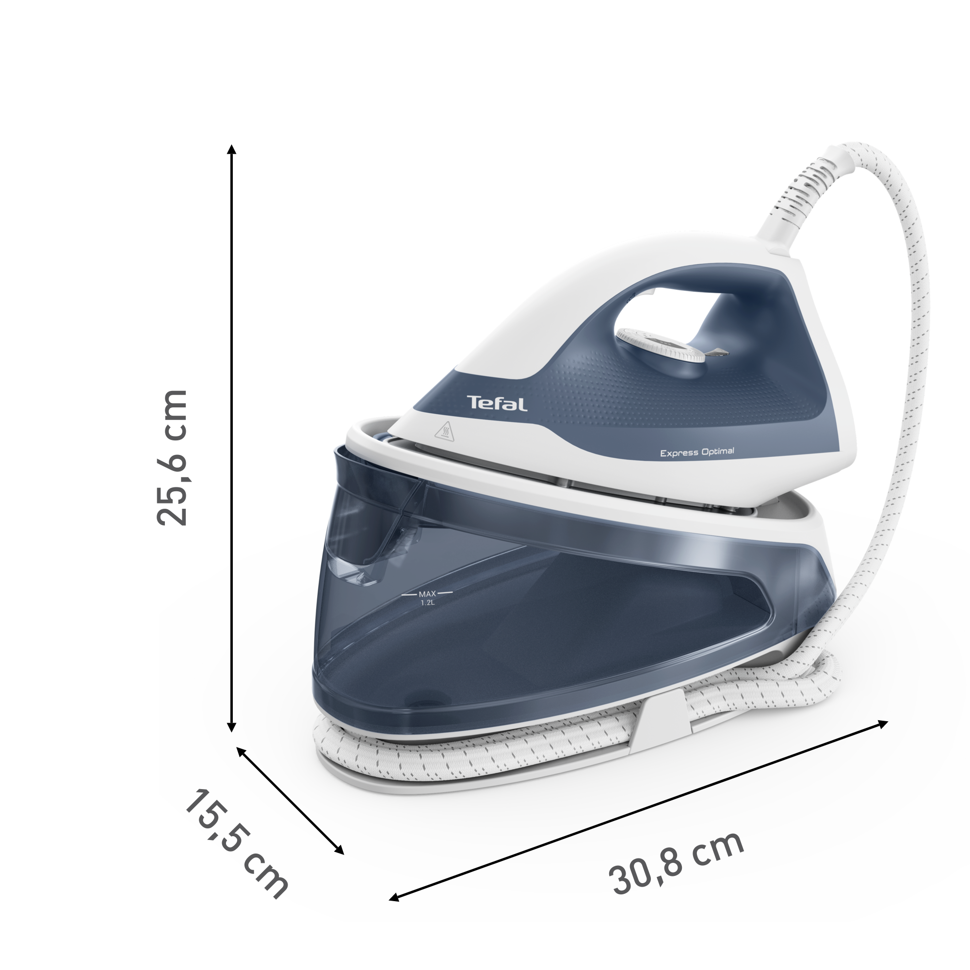 Egy Tefal vasaló a méretekkel. Fehér és kék színű, víztartállyal.