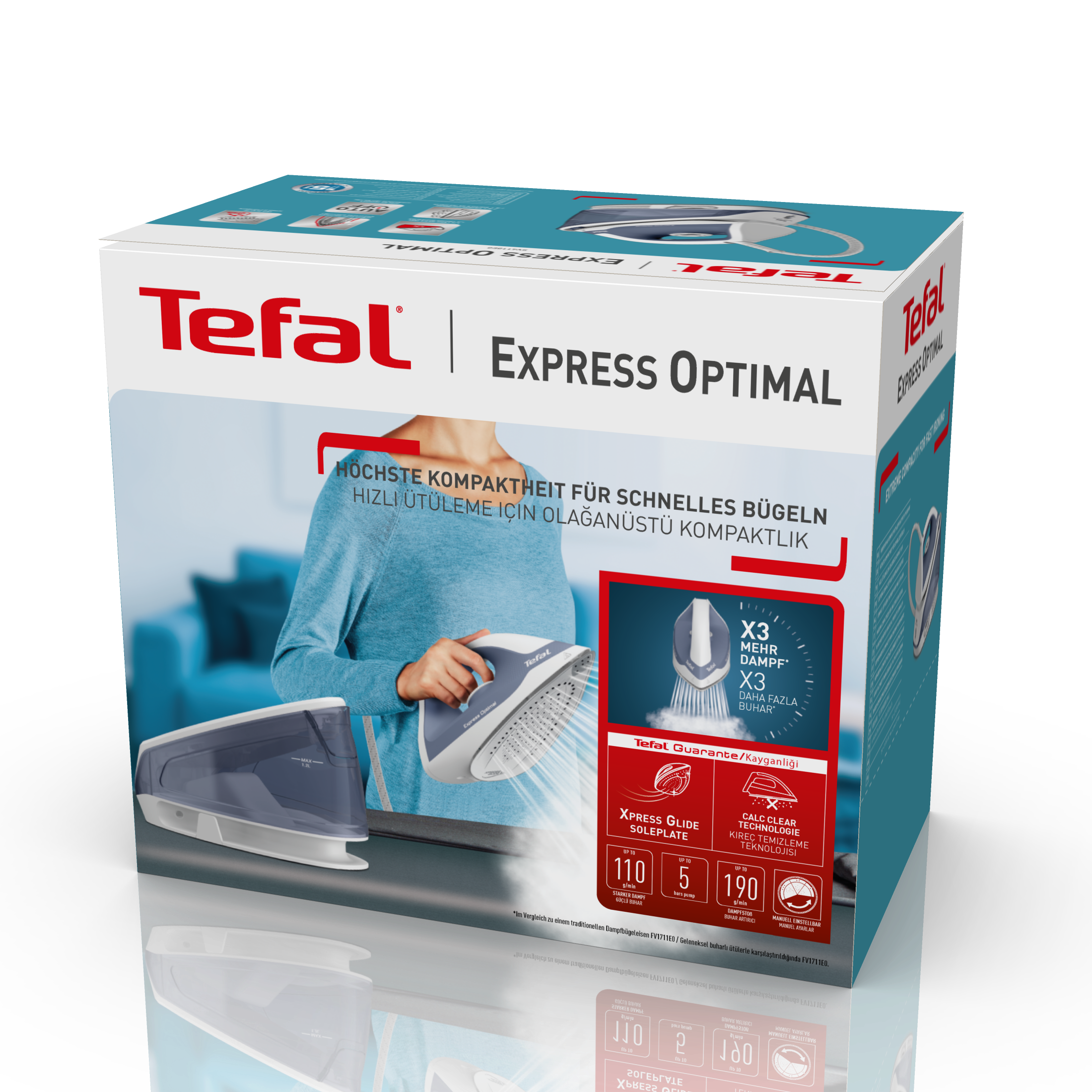 Tefal Express Optimal vasaló doboz. Egy kék inget viselő nő van a dobozon. Részletek és szöveg látható.