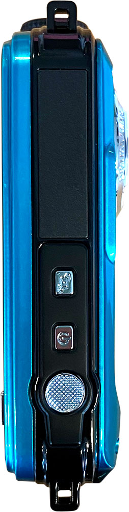 Side view of a blue digital camera with buttons and a flash.