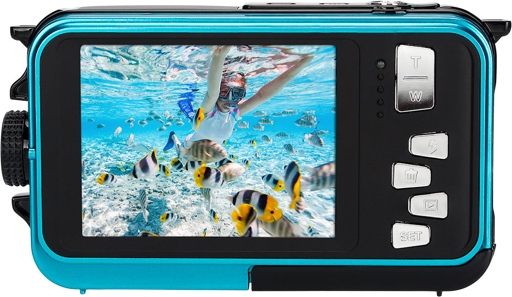 Underwater camera showing a person snorkeling, surrounded by fish, blue water background.