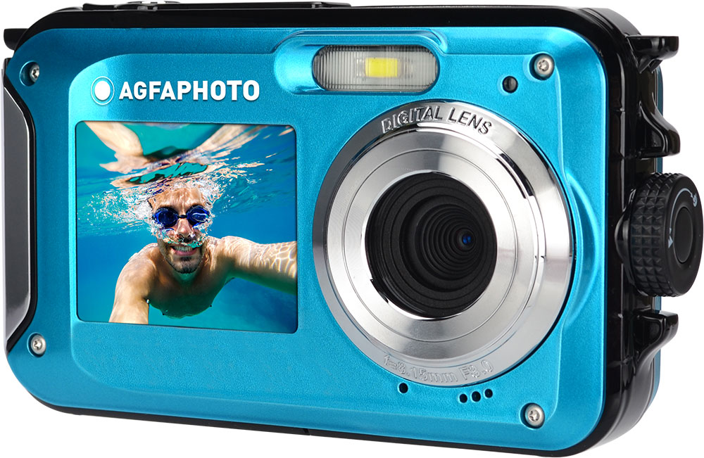 Blue waterproof camera underwater, with a man wearing goggles in the screen.
