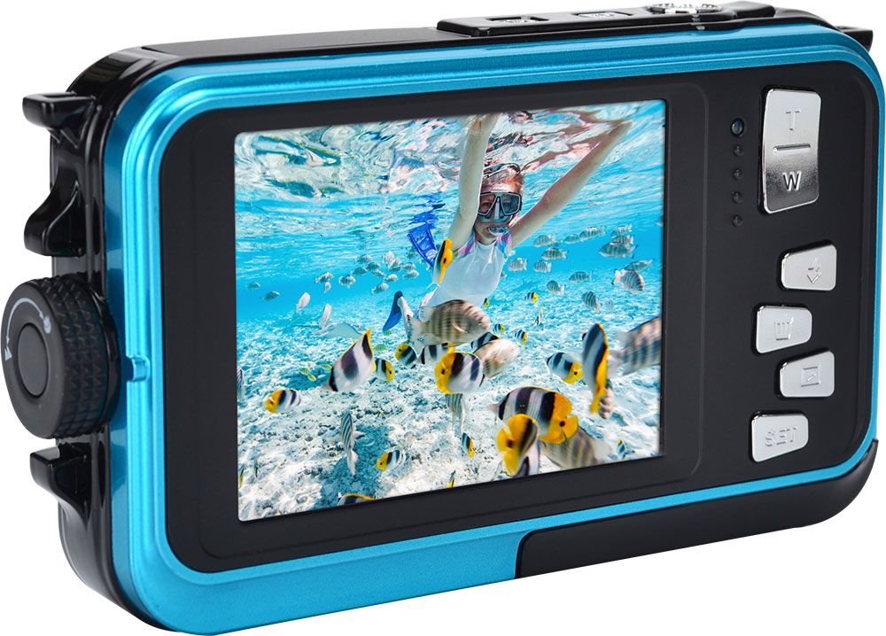 Blue waterproof camera showing a woman snorkeling in clear water with fish.