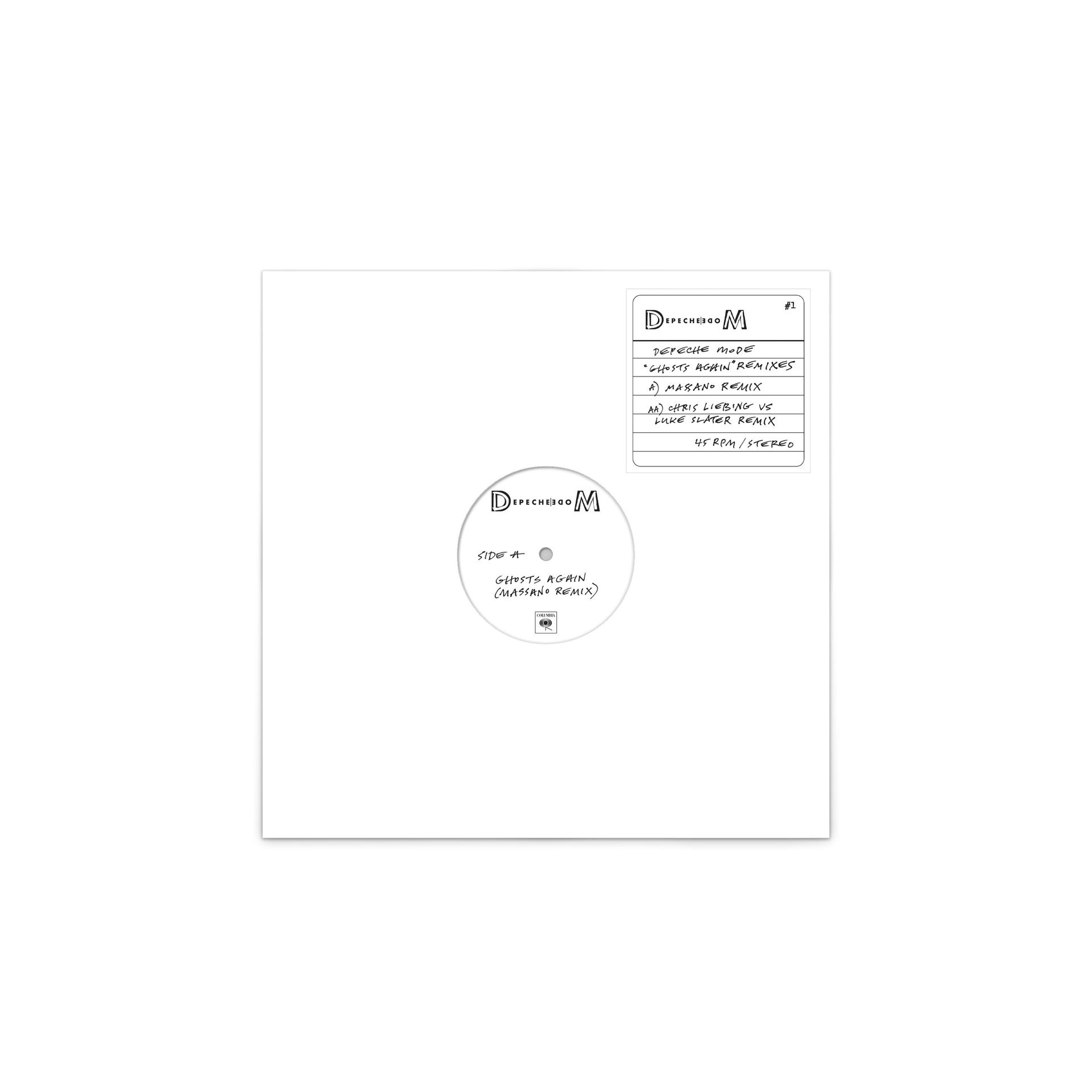 Eine weiße Schallplattenhülle mit Text und einem Plattenlabel. Der Text listet Songtitel und Remix-Infos auf.