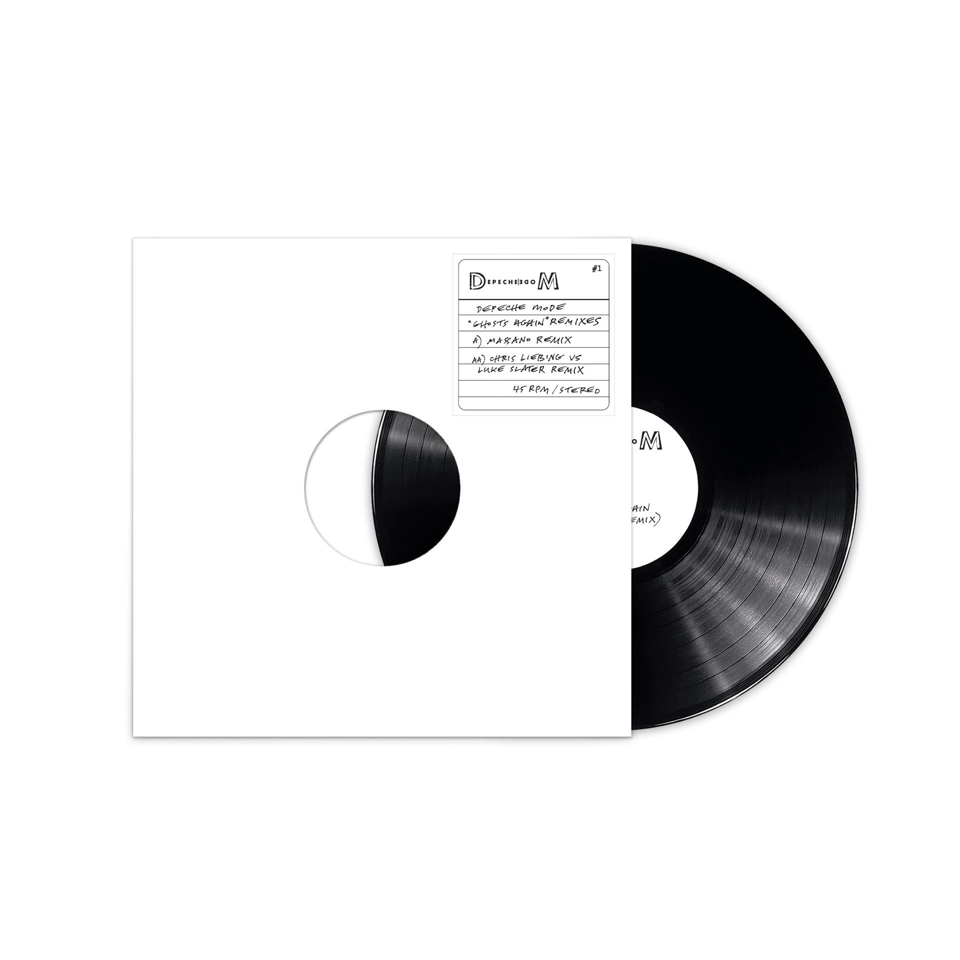 Vinylplatte in weißer Hülle. Die Platte ist schwarz. Text auf der Hülle.