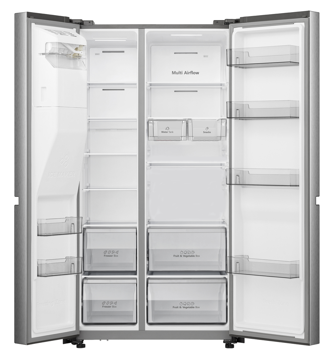 Ein Kühlschrank mit geöffneten Türen, der mehrere Regale, Schubladen und Aufbewahrungsfächer zeigt.