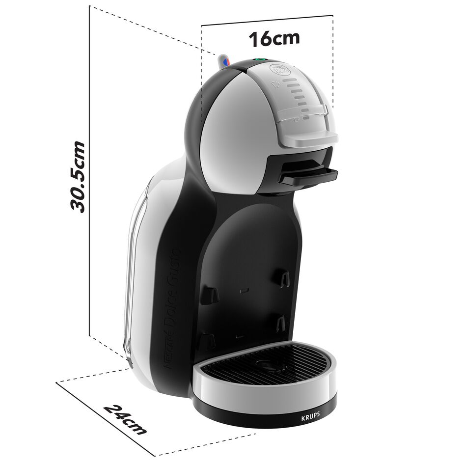 Fehér és fekete kávéfőző, méretekkel. Ez egy Krups Nespresso gép.