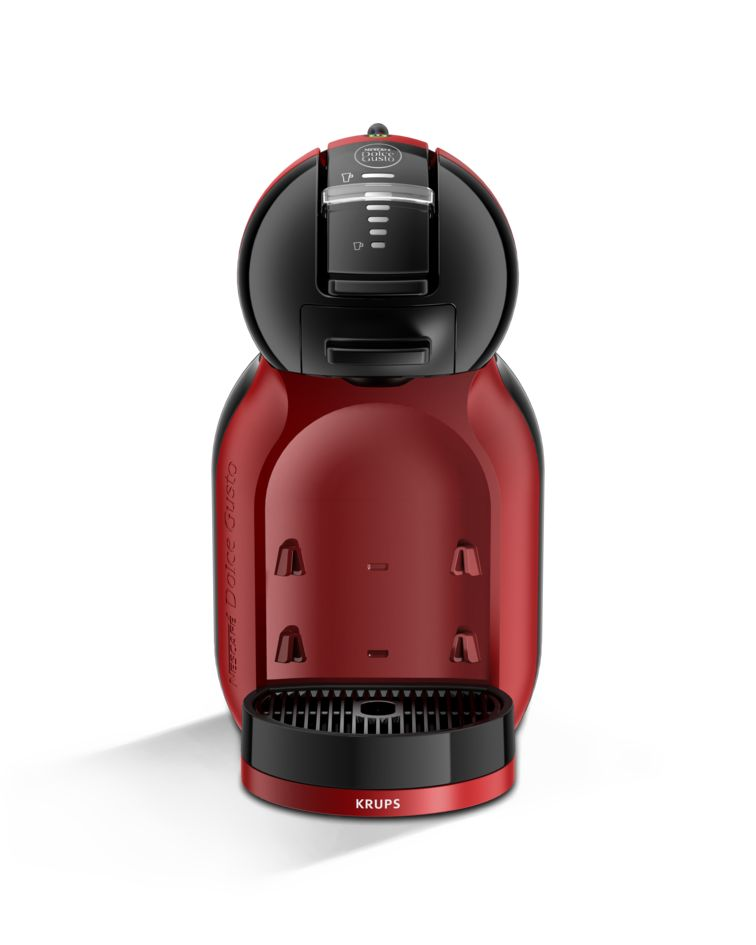 Piros-fekete Nespresso kávéfőző, fekete alappal, fehér háttérrel.