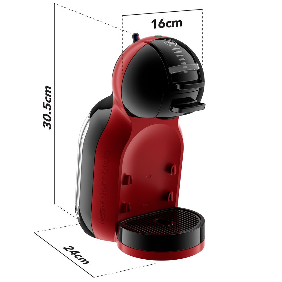 Egy piros-fekete Dolce Gusto kávéfőző, méretekkel feliratozva fehér háttéren.
