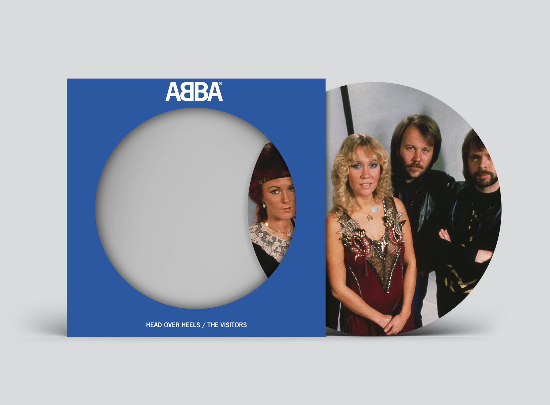 ABBA-Albumcover. Bandmitglieder auf CD. Blauer Umschlag mit Ausschnitt, der ein Bandmitglied zeigt.