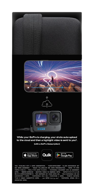GoPro kamerası ve buluta otomatik yükleme hakkında metin içeren siyah bir kılıf.
