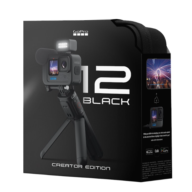 GoPro kamera, aksesuarlarıyla birlikte bir kutuda, siyah arka plan ve ekranda bir resim.