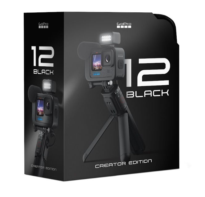 Kamera, tripod ve aksesuarlarla siyah GoPro 12 Black Creator Edition kutusu.