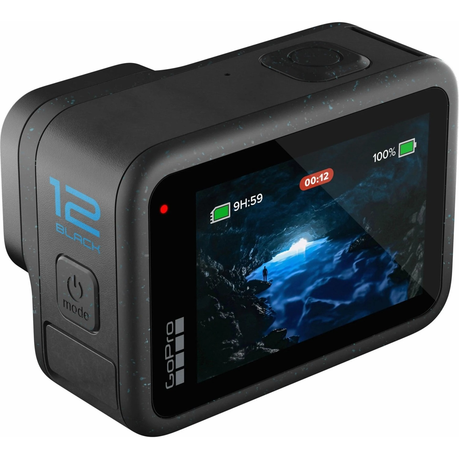 '12 BLACK' etiketi, bir mod düğmesi ve video kaydı gösteren bir ekran ile siyah GoPro kamerası.