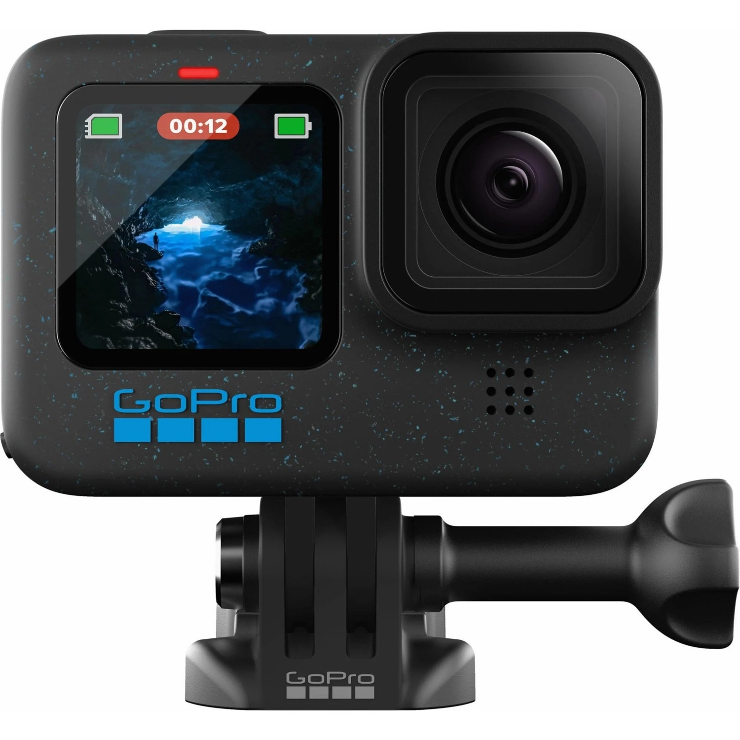 Ekran ve montajlı siyah bir GoPro kamera.