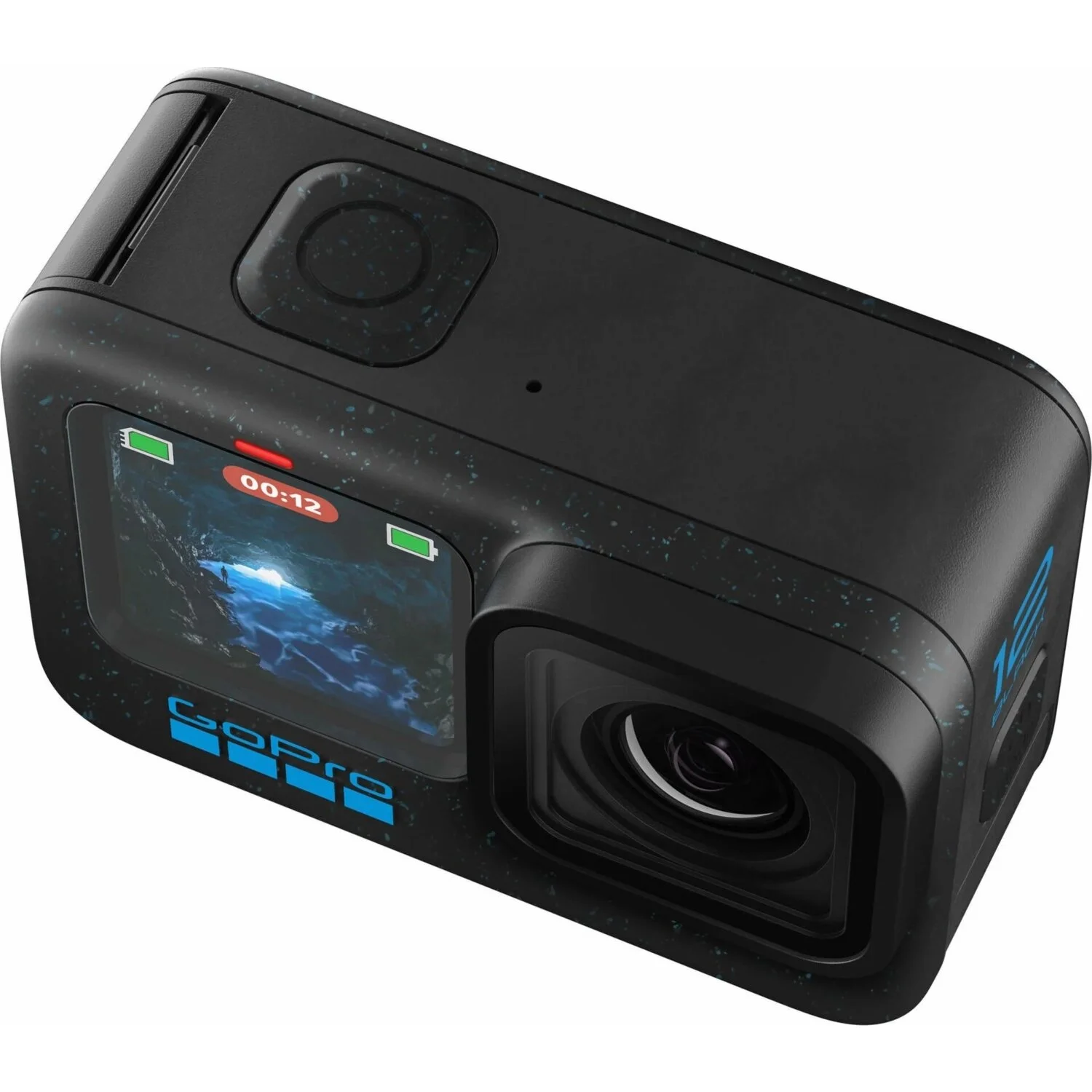 Mavi bir su sahnesi gösteren bir ekran ve GoPro logosu ile siyah GoPro kamerası.