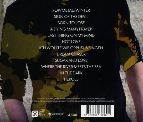 Albumrückseite mit Songtiteln. Schwarzer Hintergrund mit weißem Text. Songtitel sind u.a. 'Pop/Metal/Winter'.