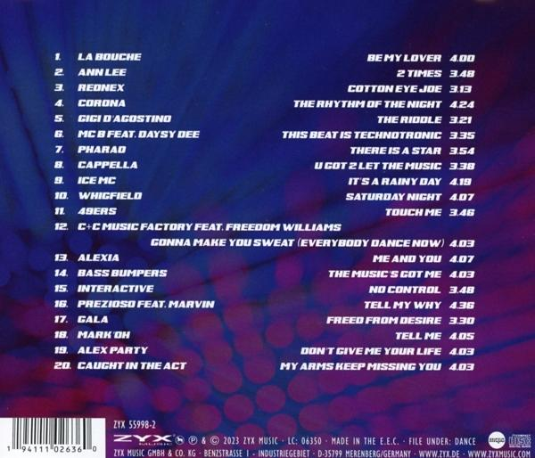 CD-Cover mit einer Liste von Musiktiteln und Künstlern auf einem lila-blauen Farbverlaufshintergrund.