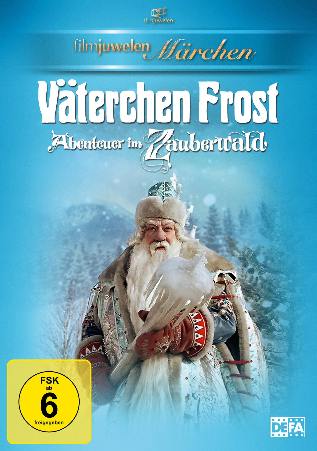 DVD-Cover mit einer Zeichentrickfigur von Santa Claus. Titel: Väterchen Frost. Winterszene mit Schnee und einem Wald.