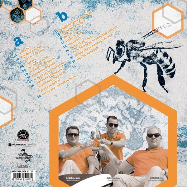Albumcover mit Biene und Bandmitgliedern. Orange Hemden und Sonnenbrillen. Text auf Deutsch.
