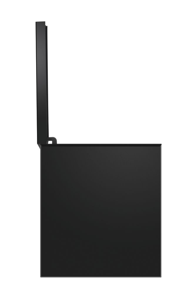 Schwarze Box mit geöffnetem Deckel, Seitenansicht, weißer Hintergrund.