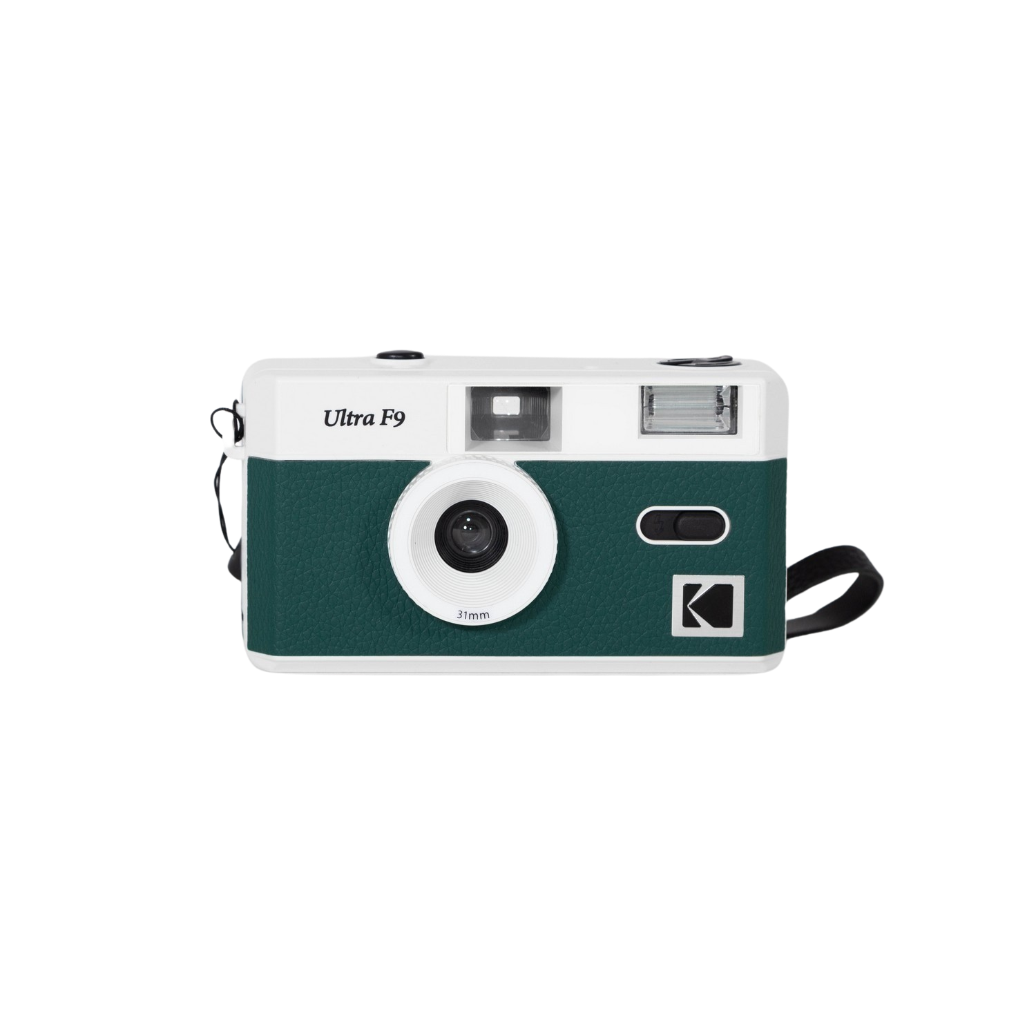 A green and white Kodak camera with a black strap.