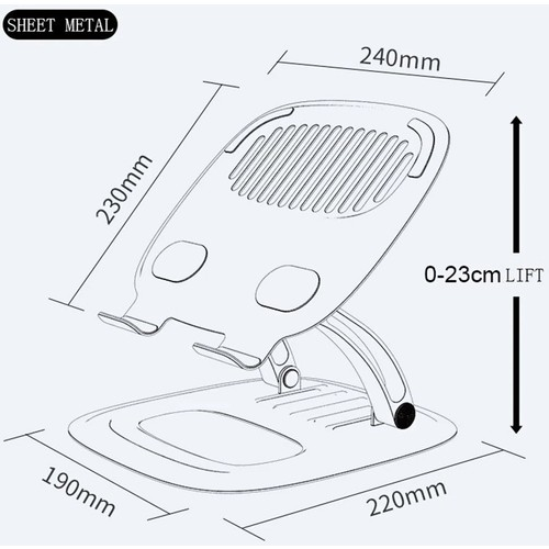 Boyutları ve kaldırma aralığı ile tablet veya telefon için katlanabilir bir stand diyagramı.