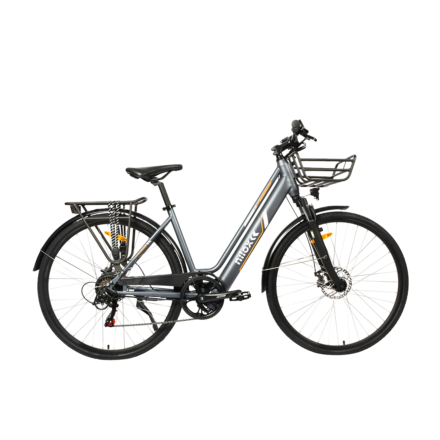 Bicicletta elettrica grigia con cestino, pneumatici neri, sfondo bianco.