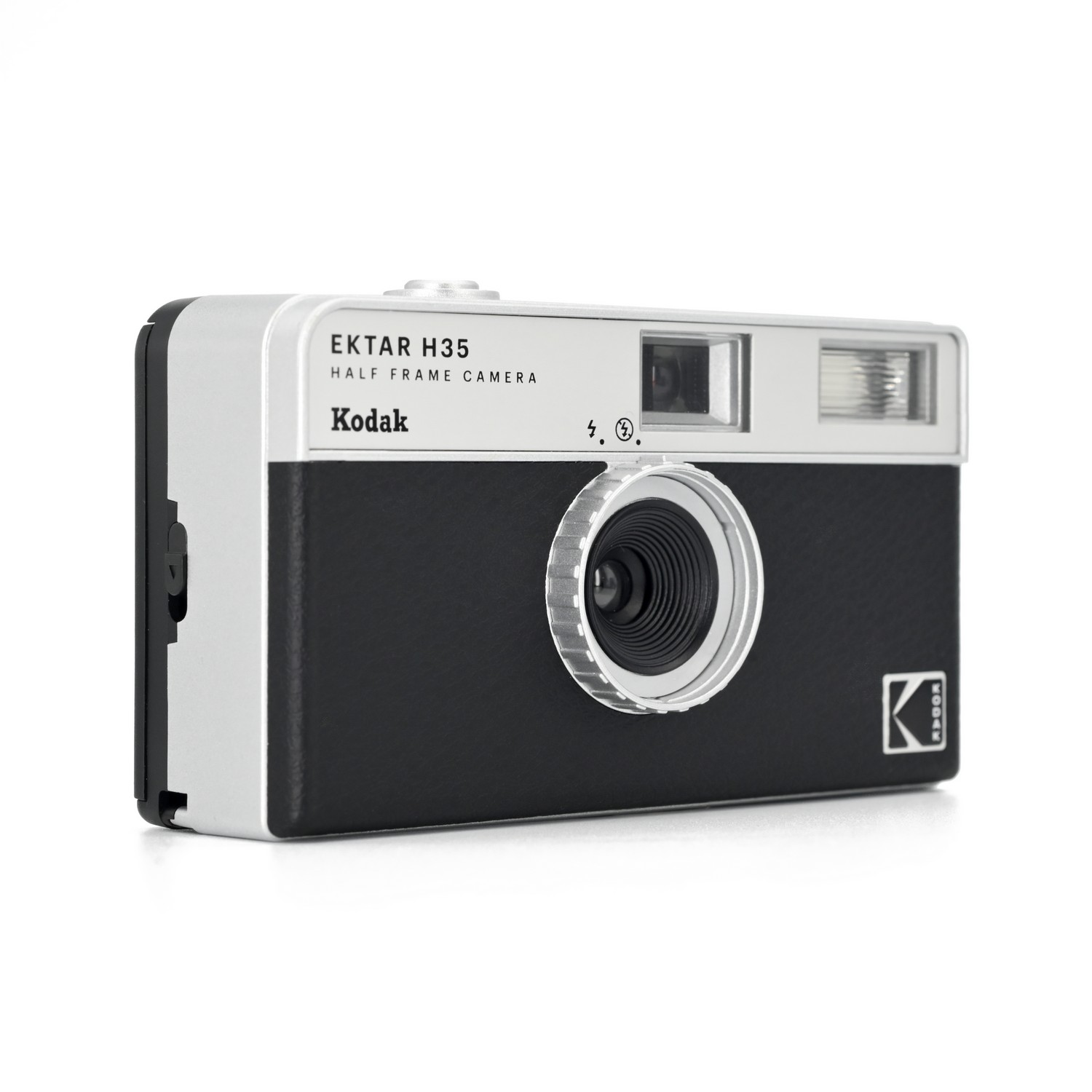 A vintage Kodak Ektar H35 half frame camera in black and silver, on a white background.