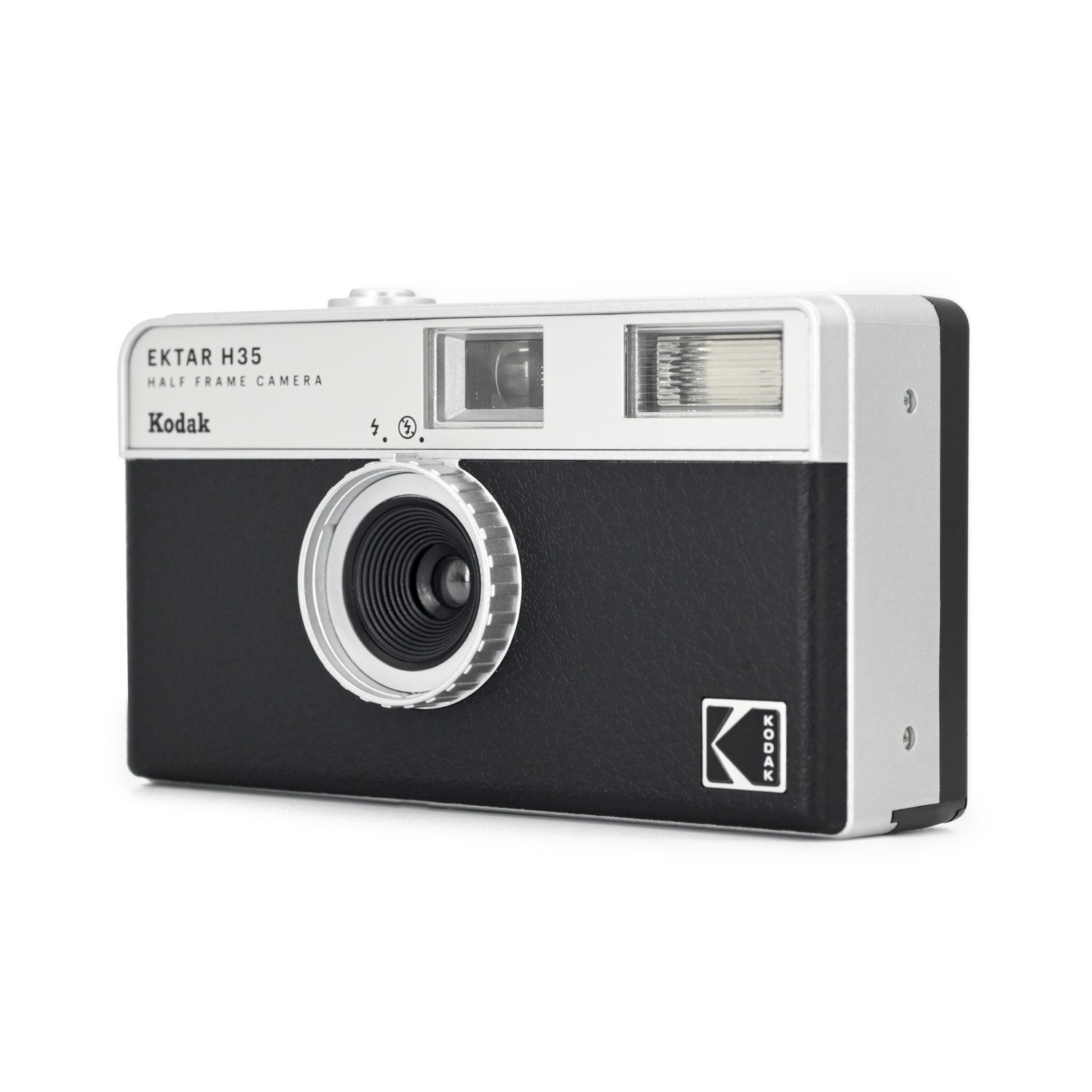 Kodak Ektar H35 half-frame camera, black and silver, on a white surface.