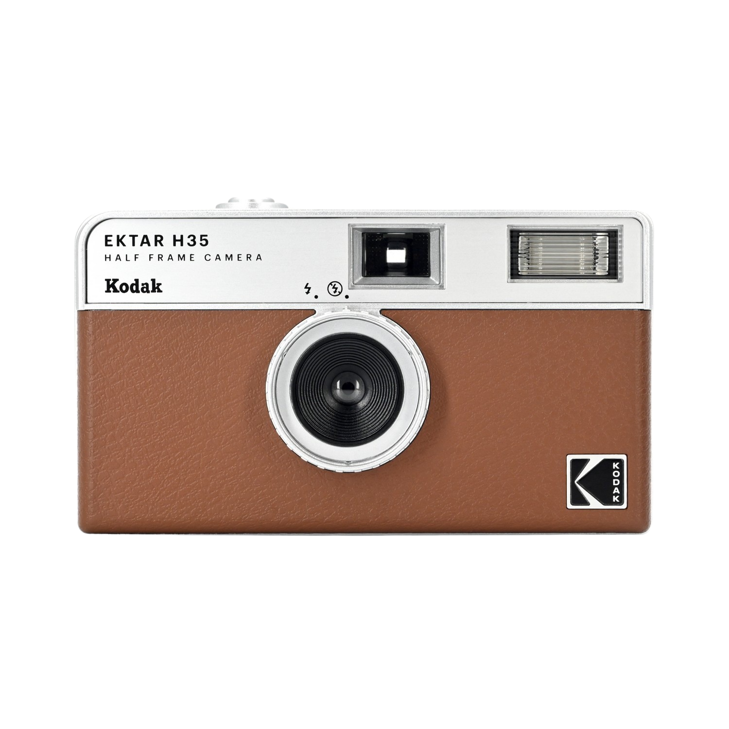 A brown and silver Kodak Ektar H35 camera. The camera has a brown leather-like body and silver top.
