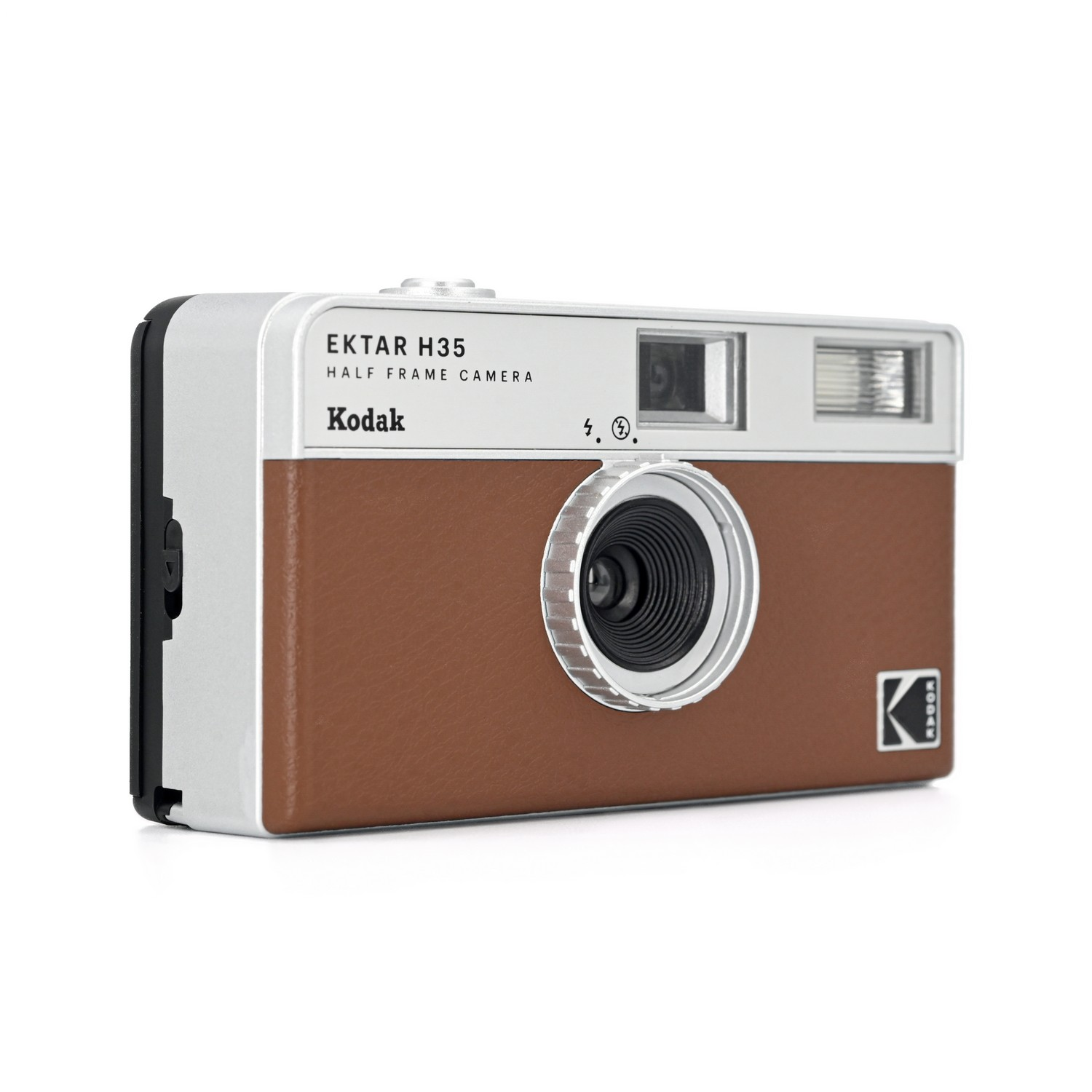 Kodak Ektar H35 half-frame camera. Brown and silver body, black lens, and Kodak logo.
