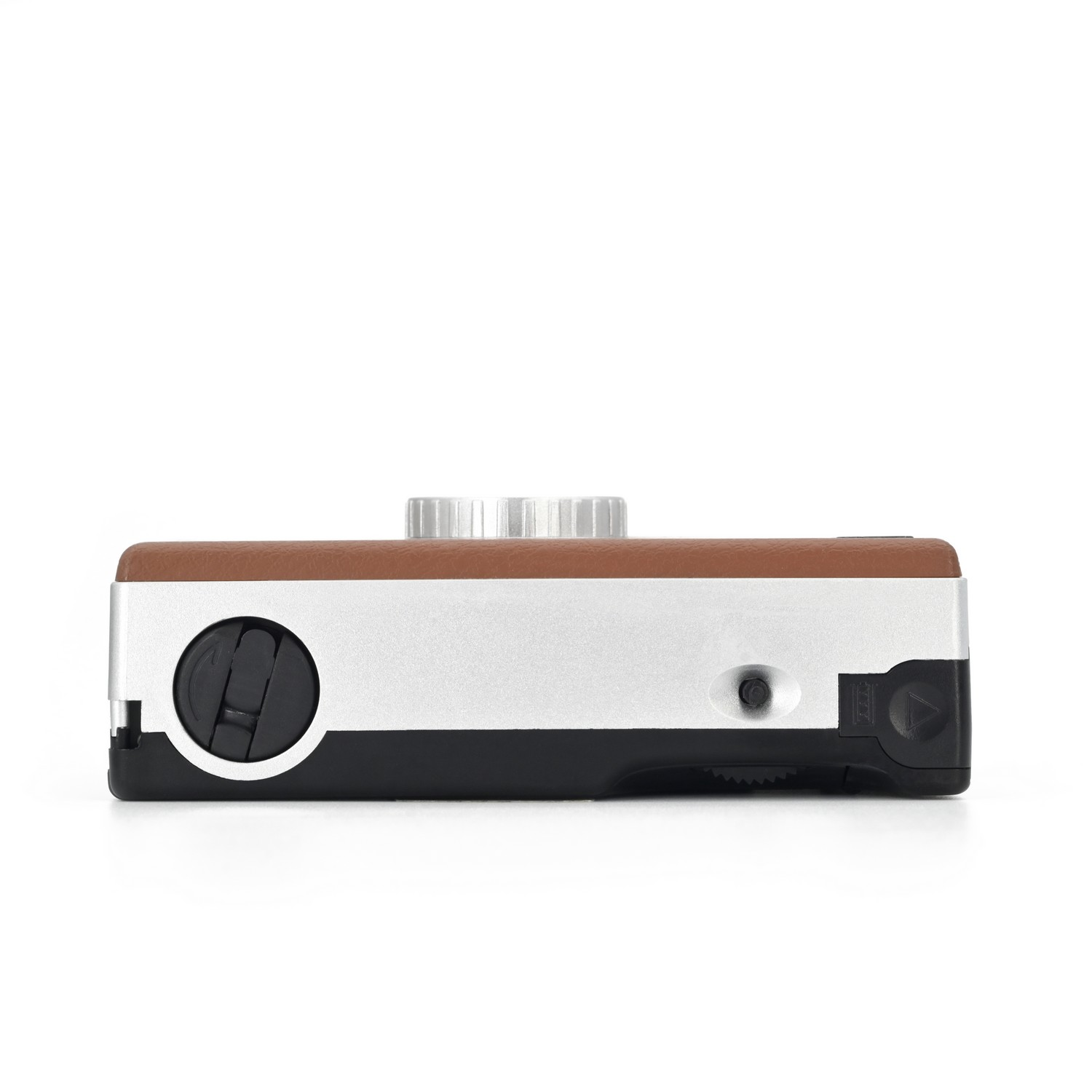 Brown and silver camera on white background. It has two silver dials on top.