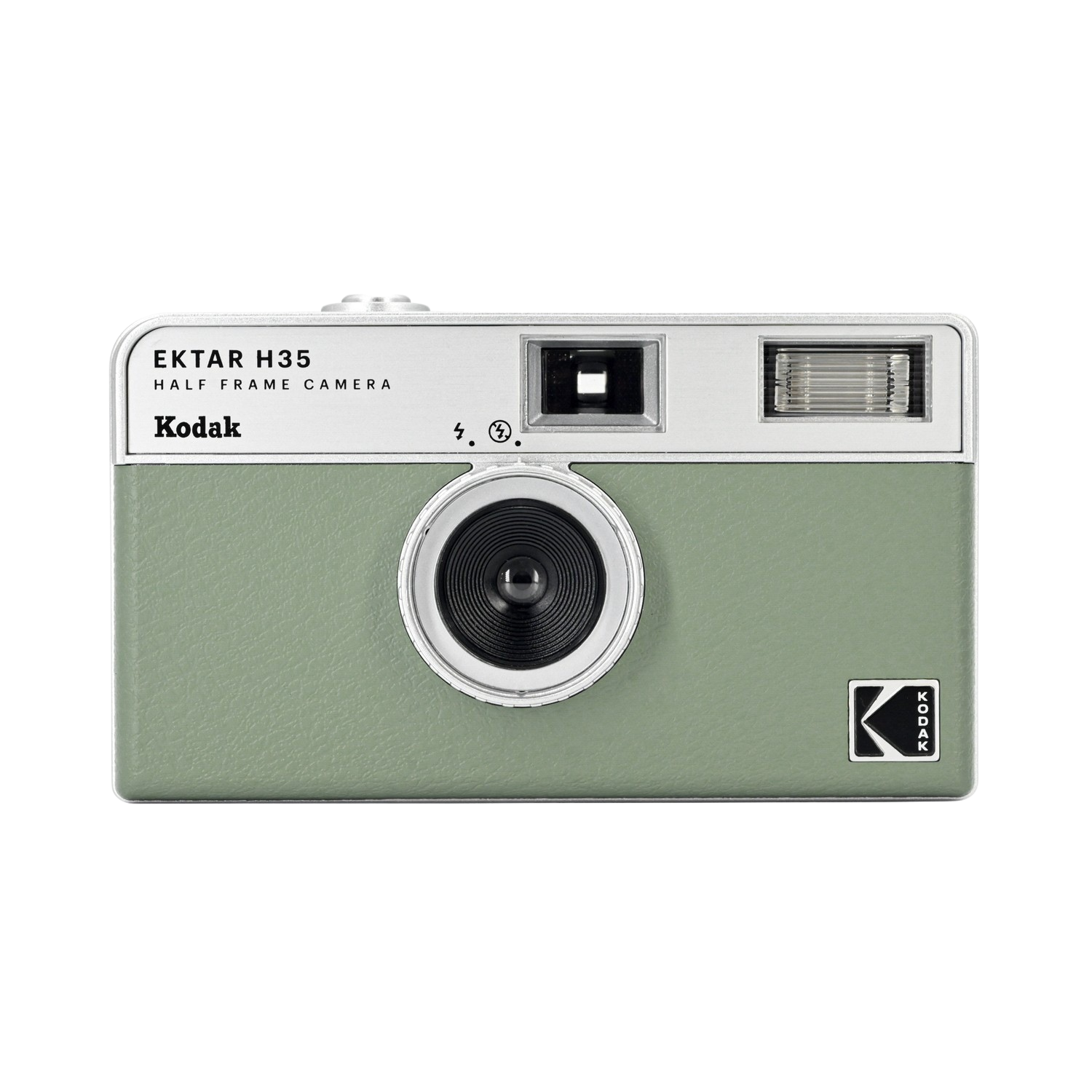 Kodak Ektar H35 half frame camera. Green body, silver top, black lens and viewfinder.