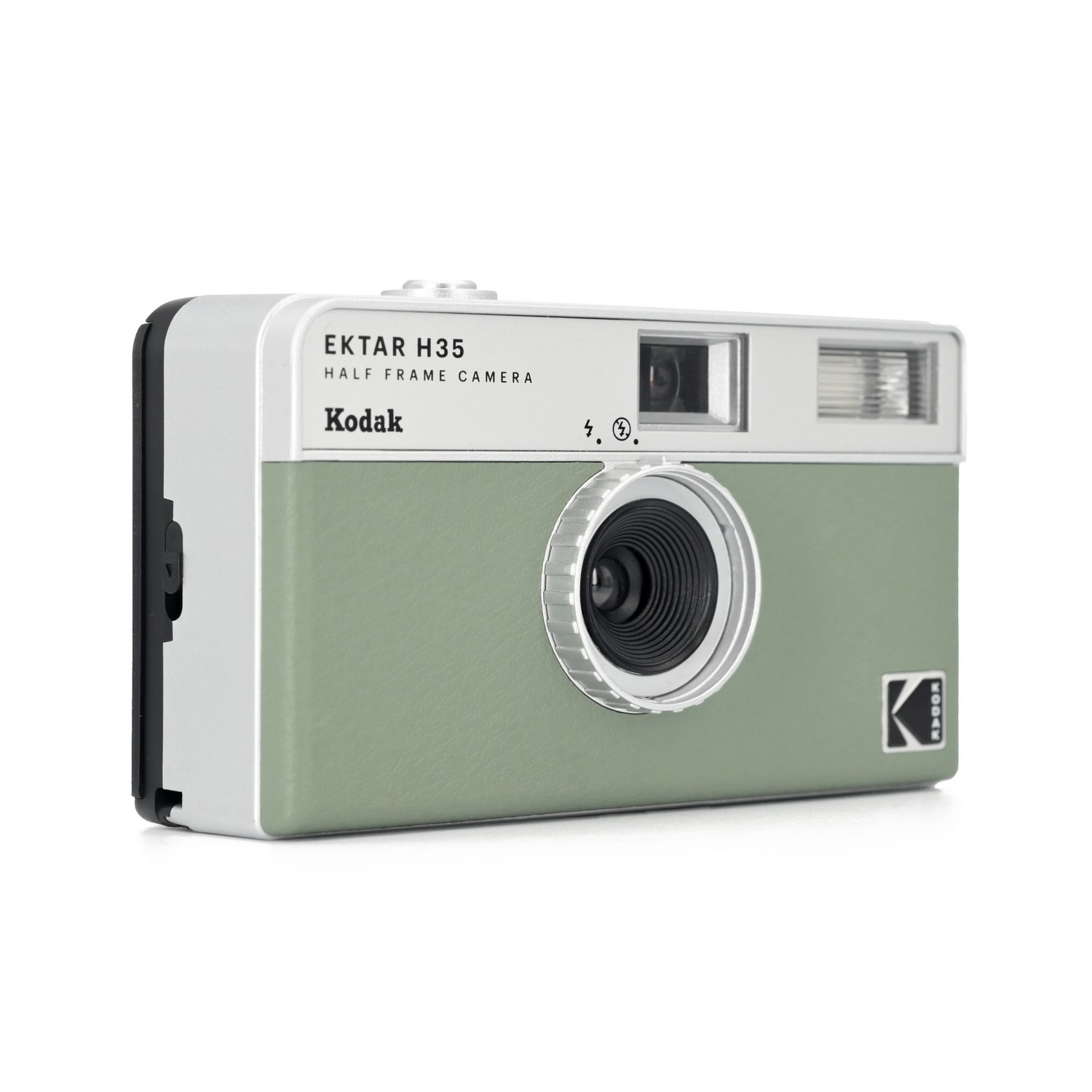 A green and white Kodak Ektar H35 camera on a white surface, angled view.