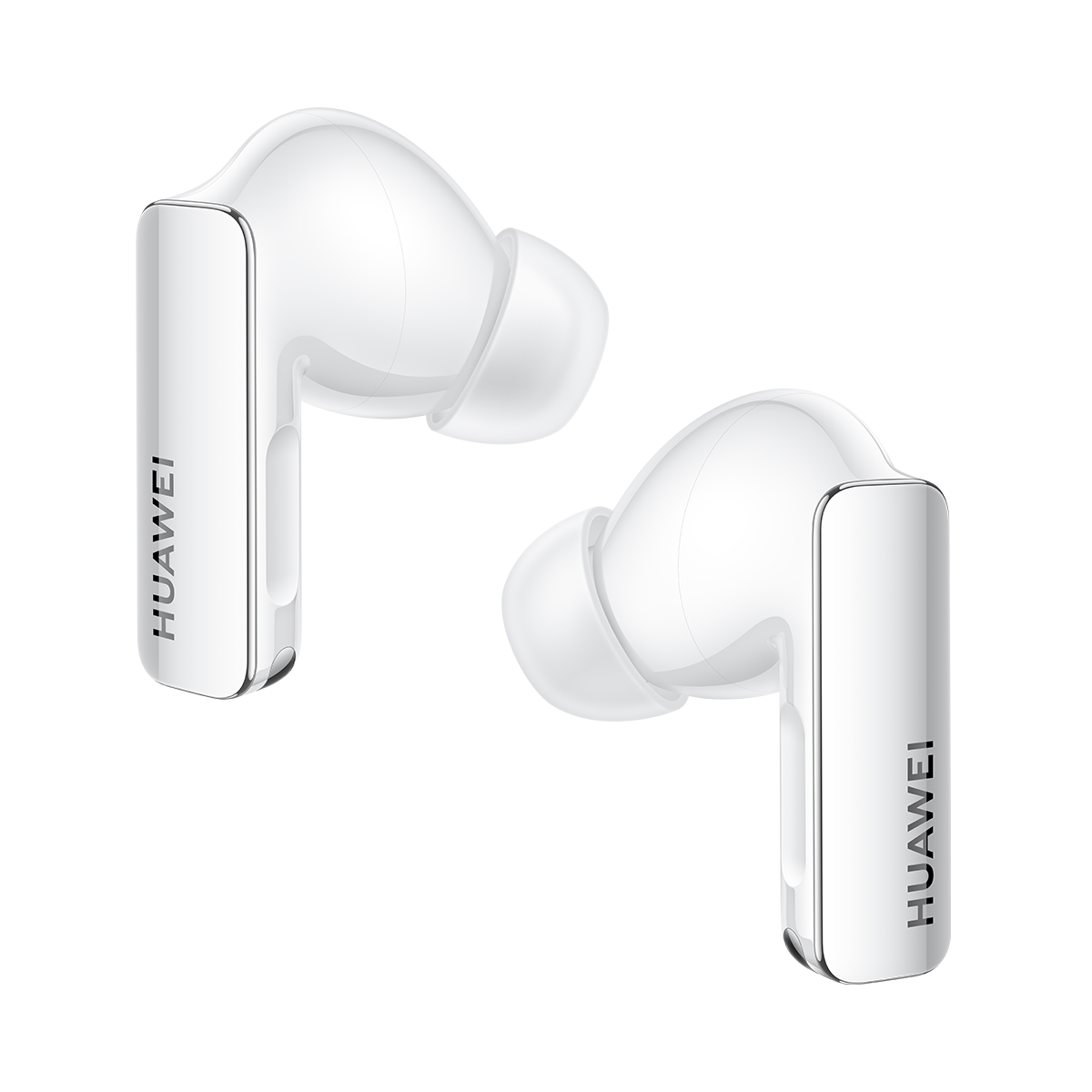 Karanlık bir arka plan üzerinde izole edilmiş bir çift beyaz Huawei kulaklık, marka adı görünür durumda.