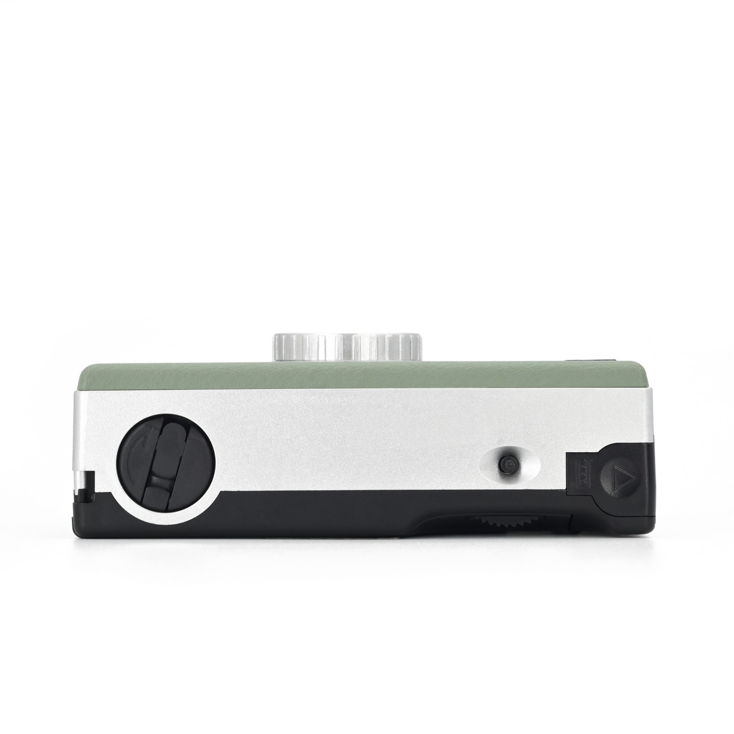 Top view of a camera, green top, silver sides, black front and bottom, white background.