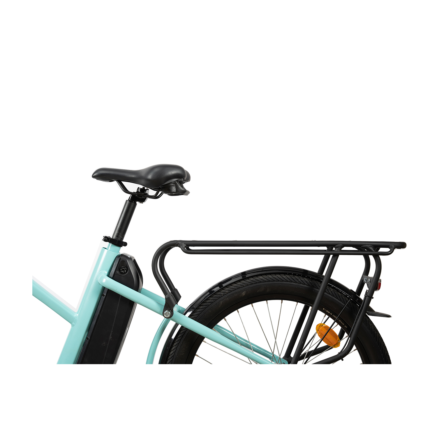 Vista posteriore di una bicicletta elettrica azzurra che mostra il portapacchi, lo pneumatico e il sellino.
