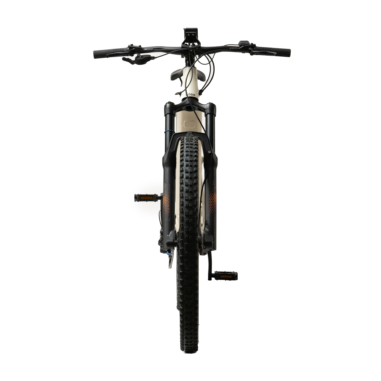 Una mountain bike bianca. La bici è su sfondo bianco, vista frontale.