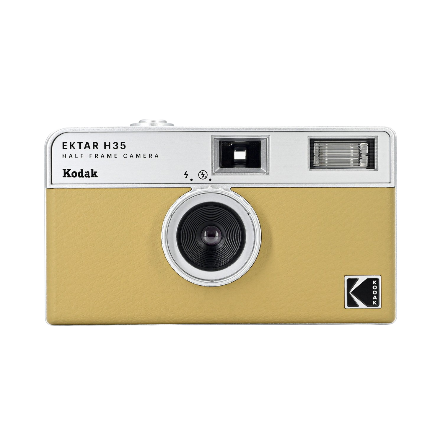 Kodak Ektar H35 half-frame camera, yellow body, silver top, and black lens with Kodak text.