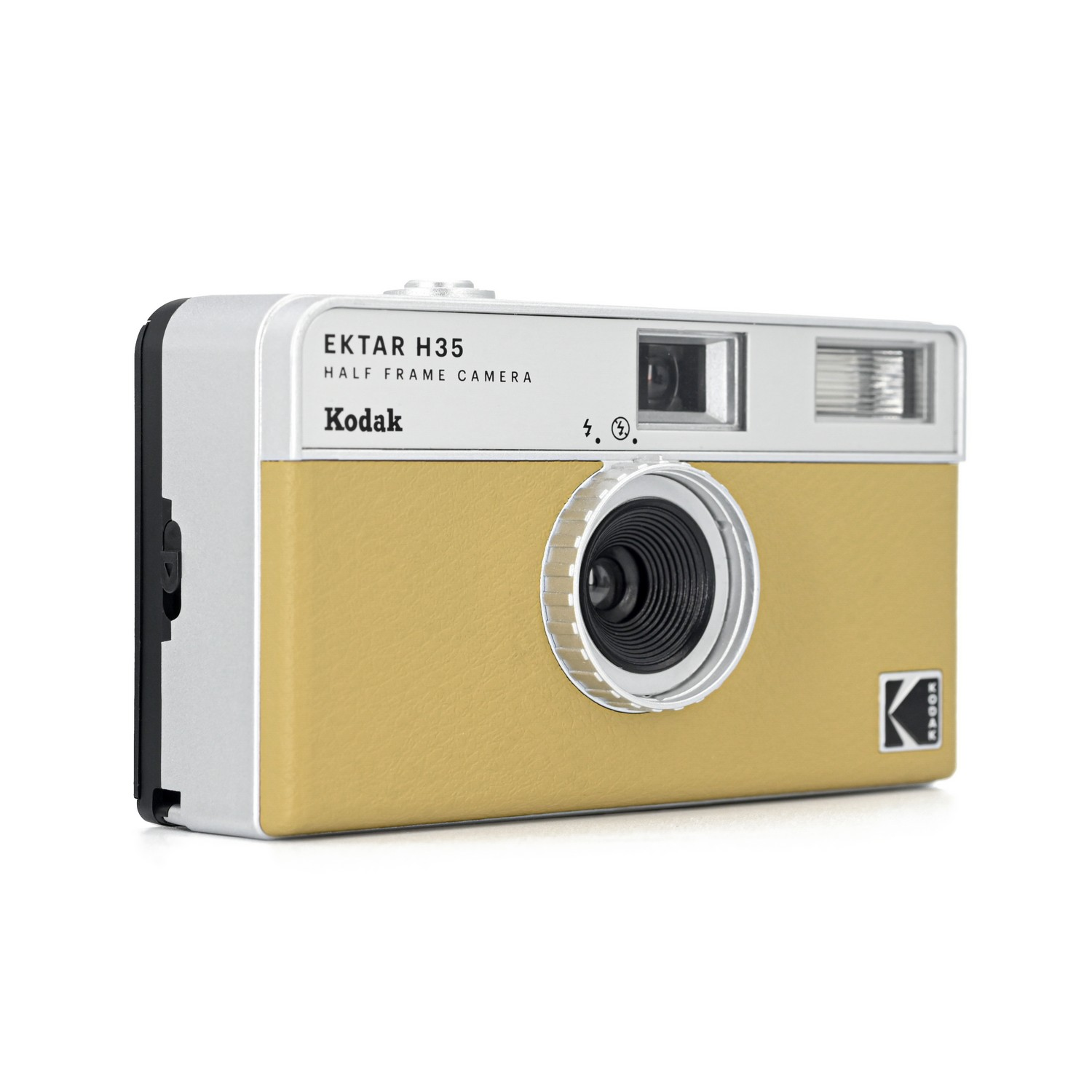 A yellow and silver Kodak Ektar H35 half-frame camera. Lens in the middle, flash on the right.