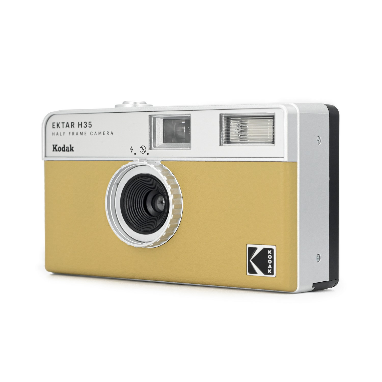 A yellow and silver film camera is displayed on a white surface. The camera is labeled 'EKTAR H35'.