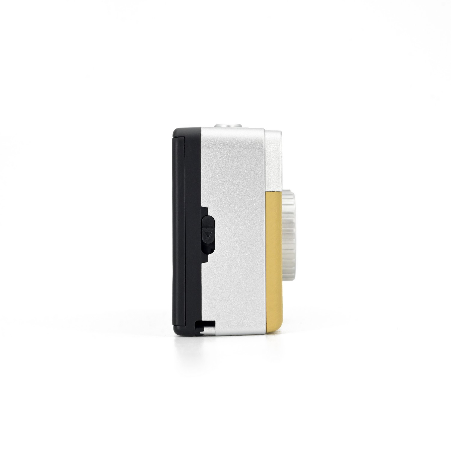 Side view of a small, silver, black, and gold camera.